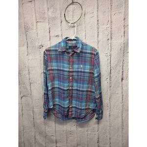 Polo Ralph Lauren Shirt Men S Blue Pink Linen Plaid Button Up Long Sleeve Madras